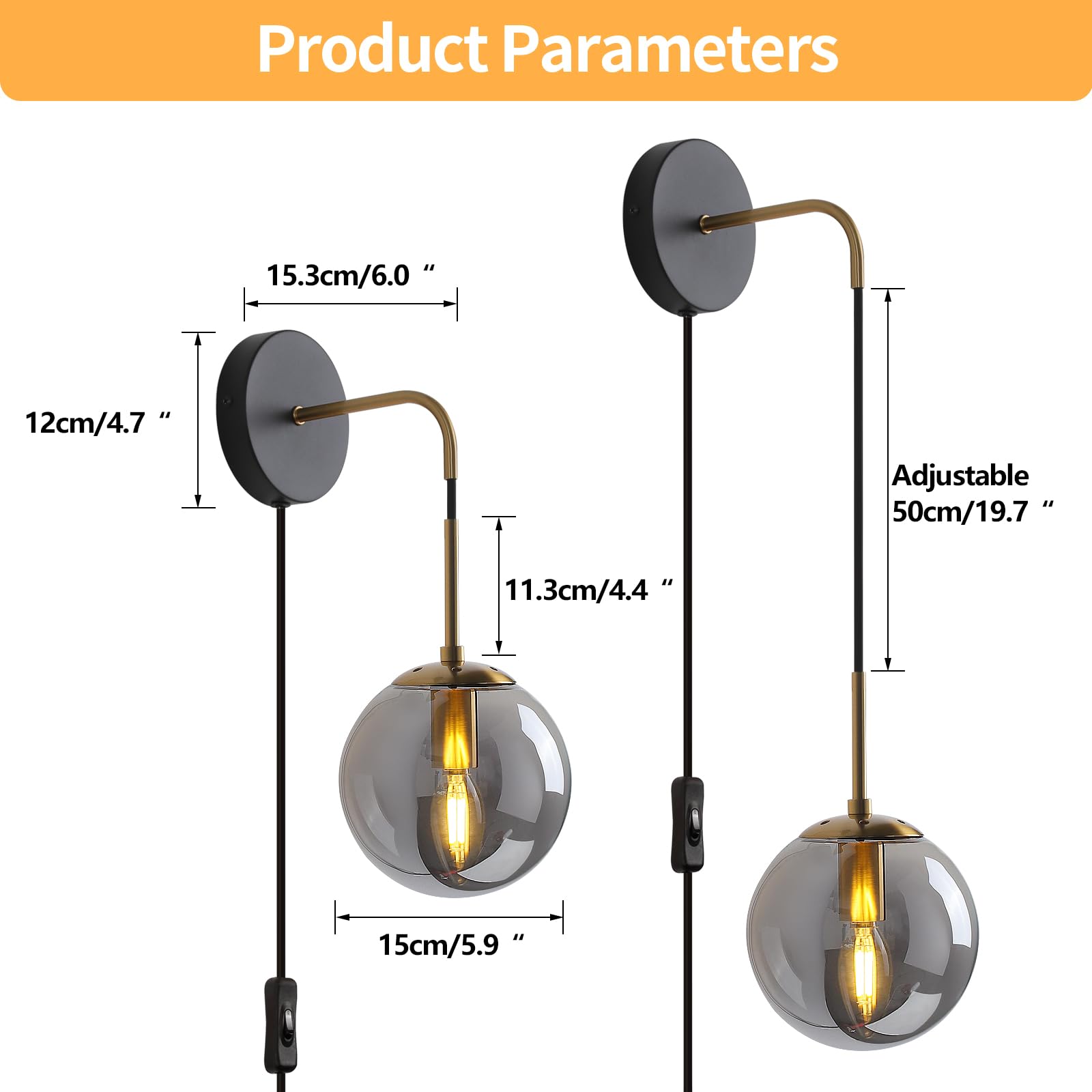 KUZZULL Wall Sconces Set of 2 - Black and Brass Gold with Smoke Grey Glass Shade, 29in Iron Lamps for Bedroom Decor