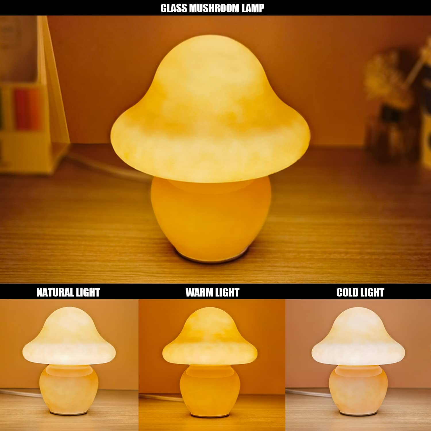 Cometmars Mushroom Lamp, Small Orange Glass Table Lamp, Cute Little Translucent Nightstand Lamp For Bedroom, Bedside, Living Roo