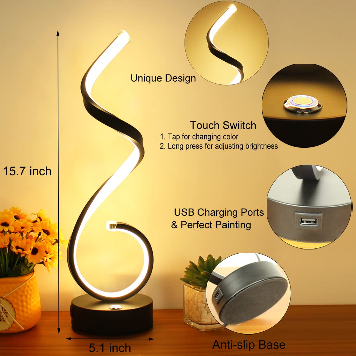 Besketie Modern Spiral Led Table Lamp Set Of 2 With Usb Ports, Dimmable Touch Control, Black