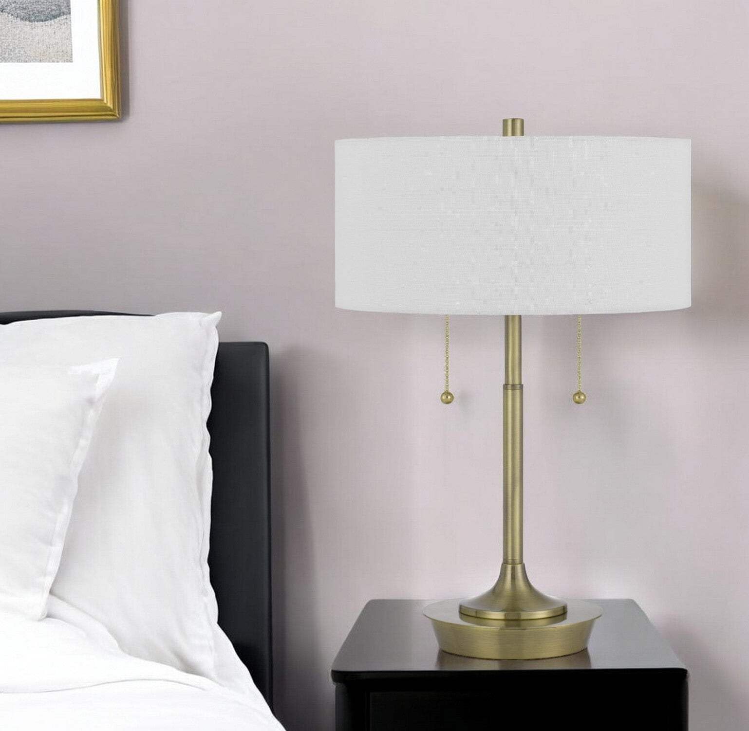 HomeRoots Two Light Table Lamp, Antiqued Brass Metal, White Drum Shade, Model 524727, 20 in.