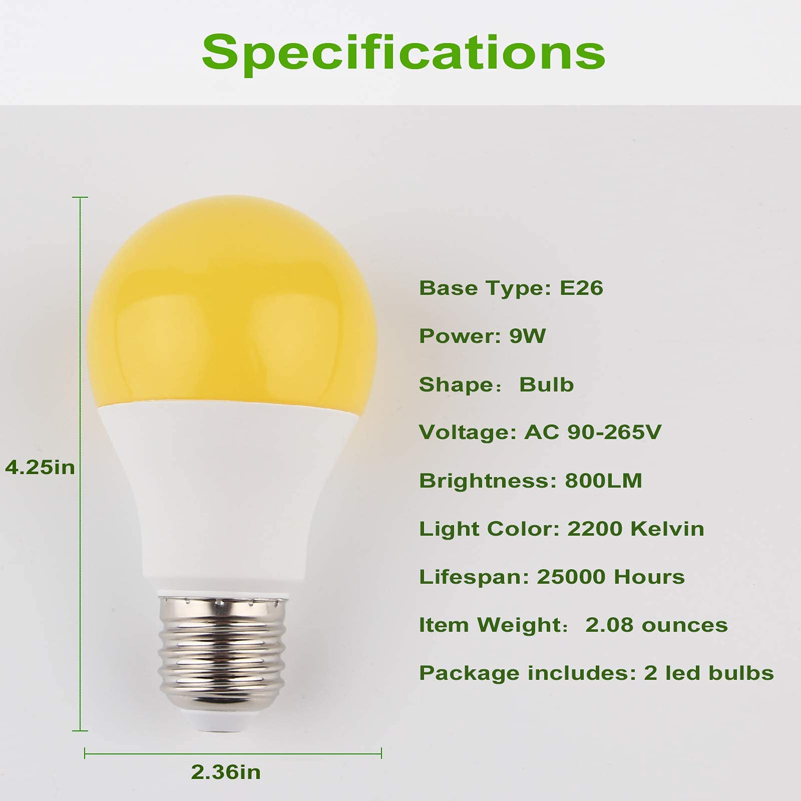 GREENIC LED Light Bulbs 60W A19 800Lm 2200K Yellow 2-Pack E26 Base