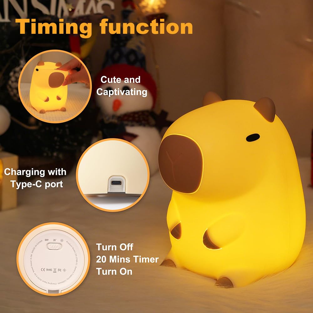 Kangten Chen Capybara Night Light For Kids,Led Rechargeable Capybara Lamp,Silicone Baby Night Lights Kawaii Room Decor For Bedro
