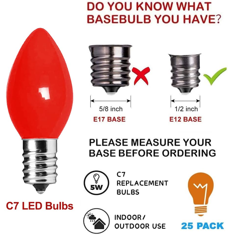 Christmas C7 Led Light Bulbs C7 Led Bulbs 25 Pack C7 Led Replacement Bulbs C7 Led Christmas Lights Replacement Bulbs 0.6 Watt C7
