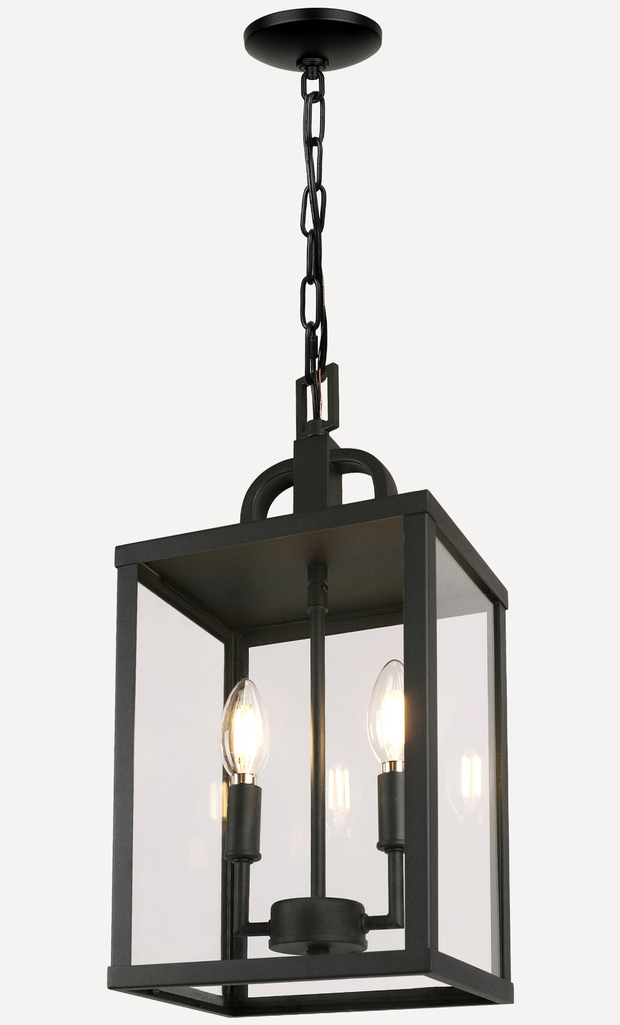 Large Outdoor Indoor Pendant Light 2-Light, Modern Black Metal Outside Chandelier Exterior Hanging Fixture Ceiling Mount with Cl