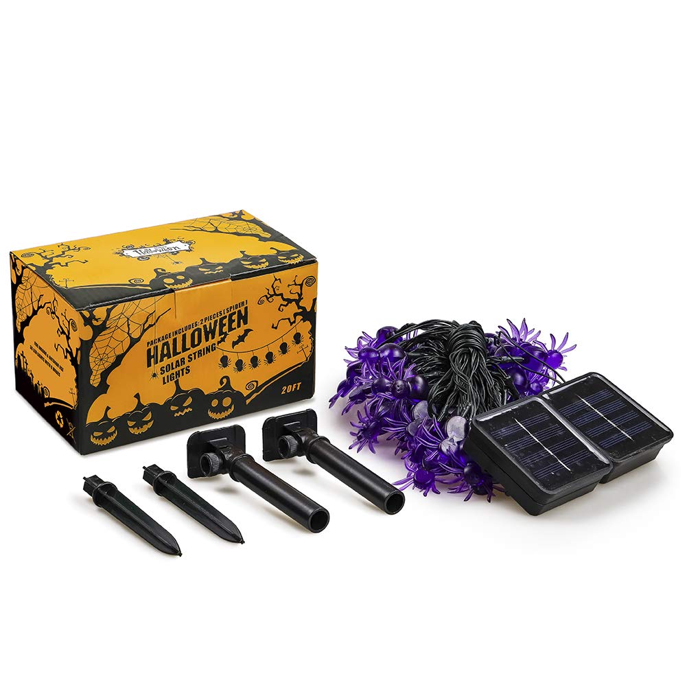 Qunlight Halloween Solar String Lights, 30 LED 20ft Purple Spider Lights, 8 Modes, Waterproof Fairy Lights for Party Decor