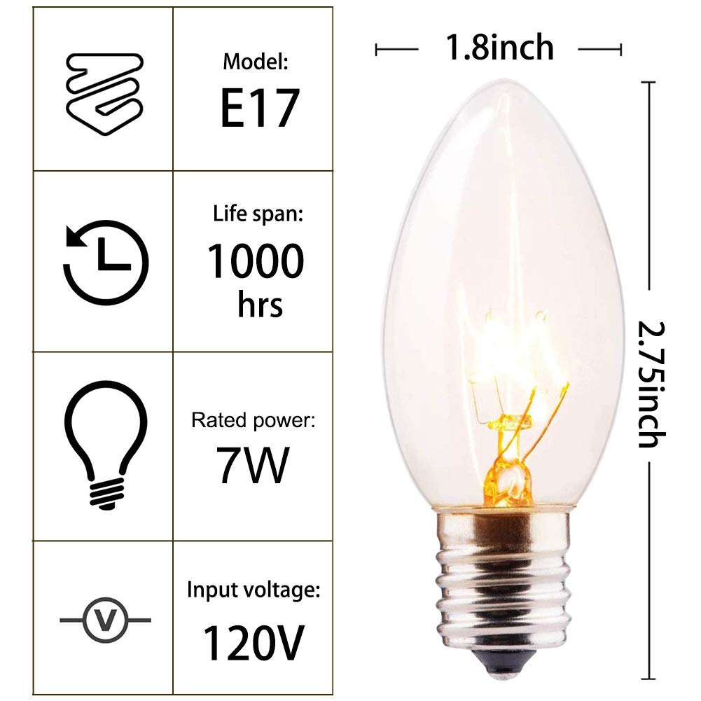 Romasaty C9 Clear Replacement Bulbs, 25 Pack, 7 Watt Glass Candelabra Base Outdoor String Light Bulbs