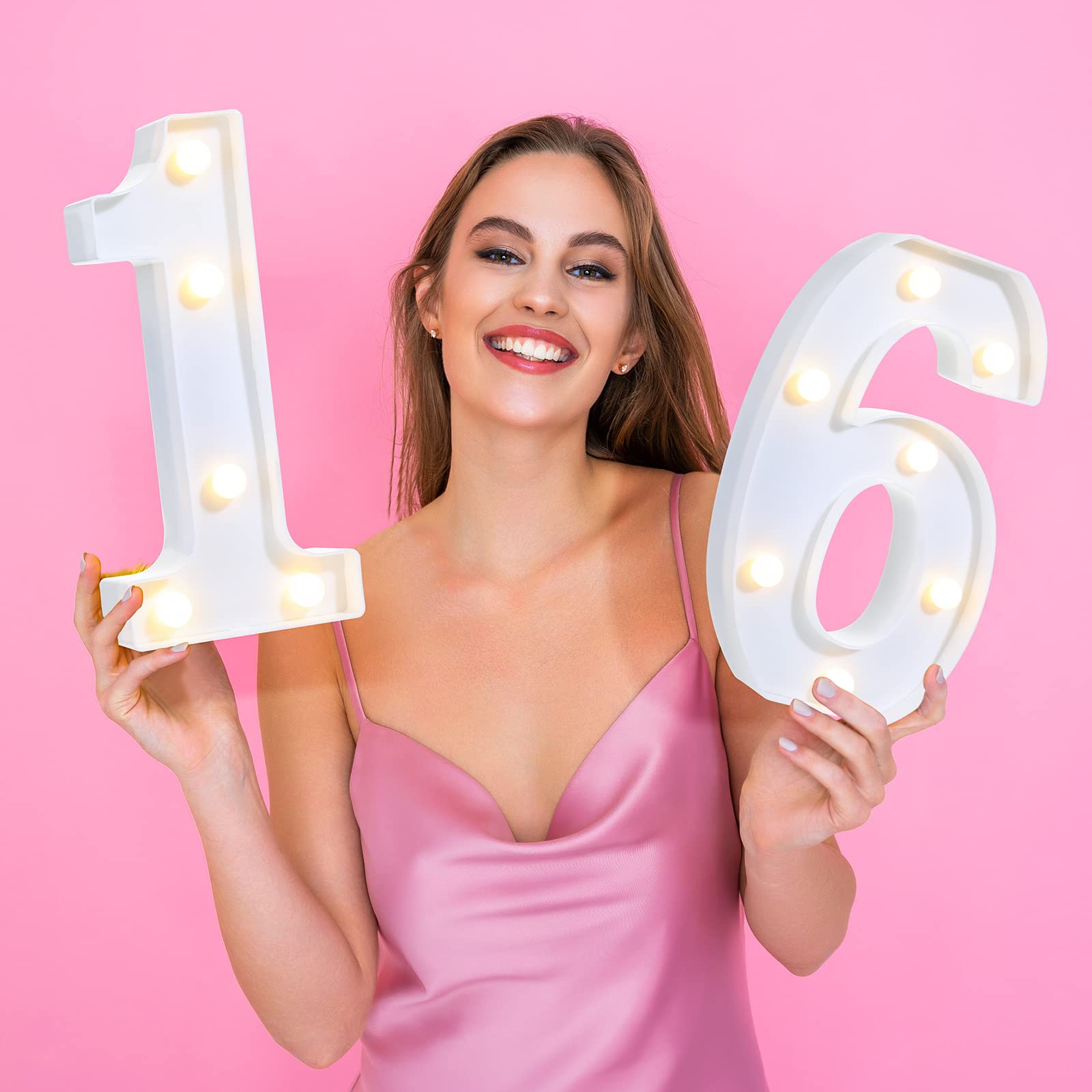 Treela LED Light Up Numbers Sign - 8.7'' Glitter Marquee for 16th Birthday, White Centerpiece Decoration