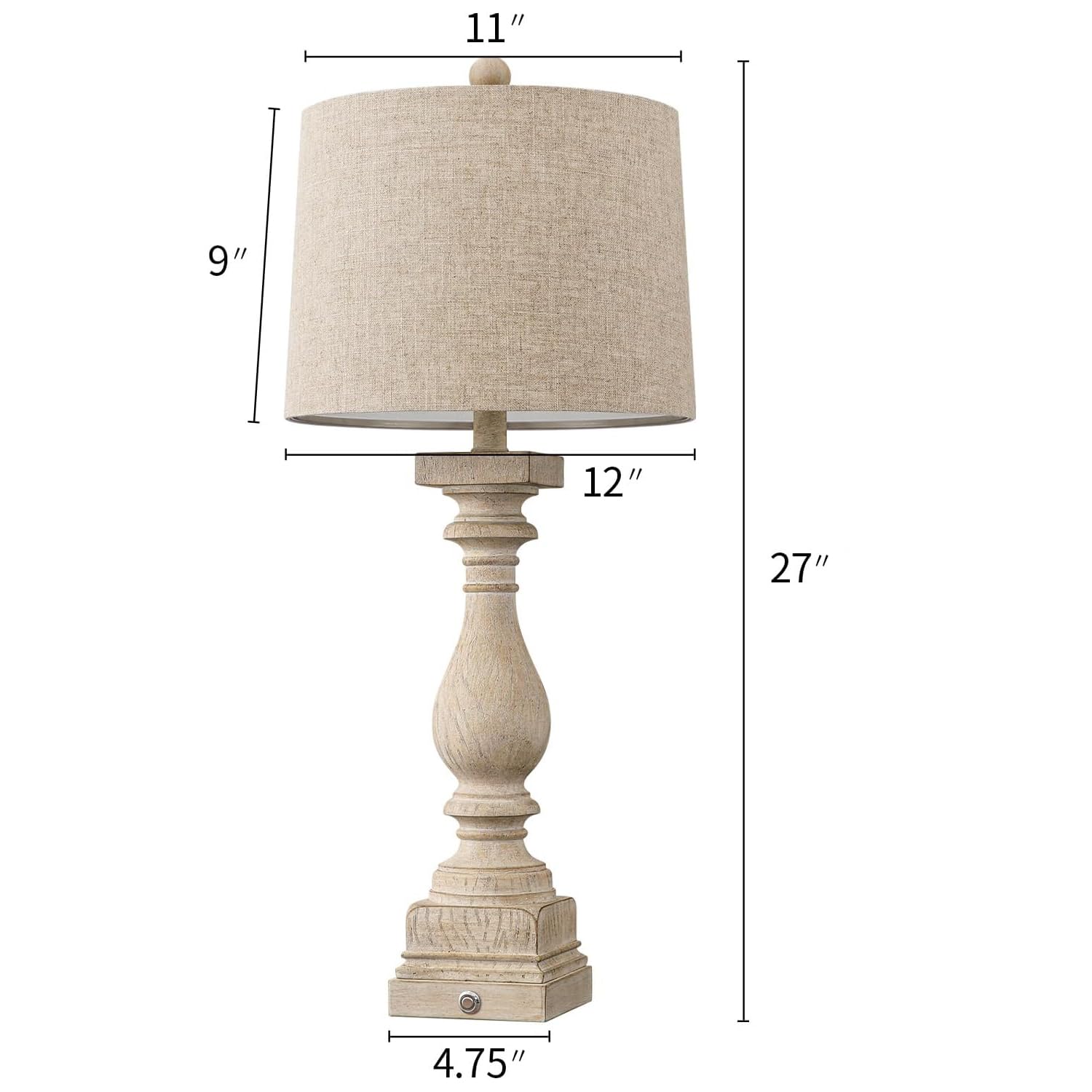 BOBOMOMO 27in Farmhouse Table Lamp Set of 2, Dimmable Touch Control, USB A & C Ports, Resin, Beige, Model AMZ-T279WW-TU