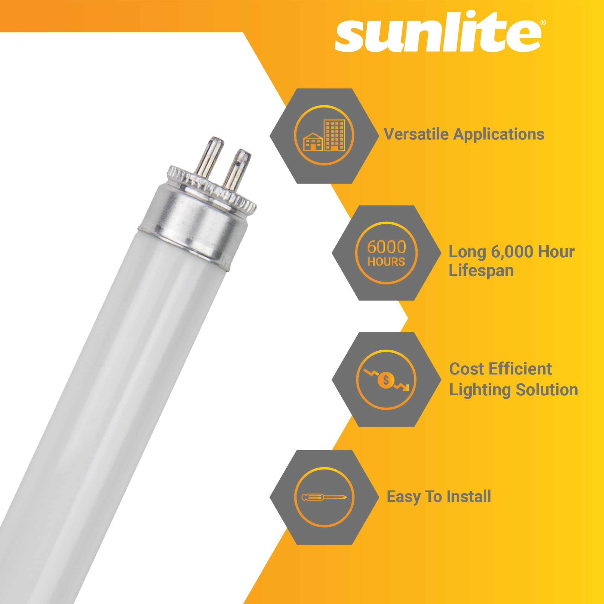Sunlite T5 Linear Fluorescent Lamp 8W 310 Lumens 6500K Daylight Mini G5 Bi-Pin Base 10 Pack