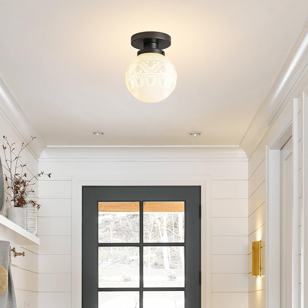 Daunton Semi Flush Mount Ceiling Light, Modern Globe Milk Glass Ceiling Light Fixture, Vintage Small Black Hallway Light Fixture