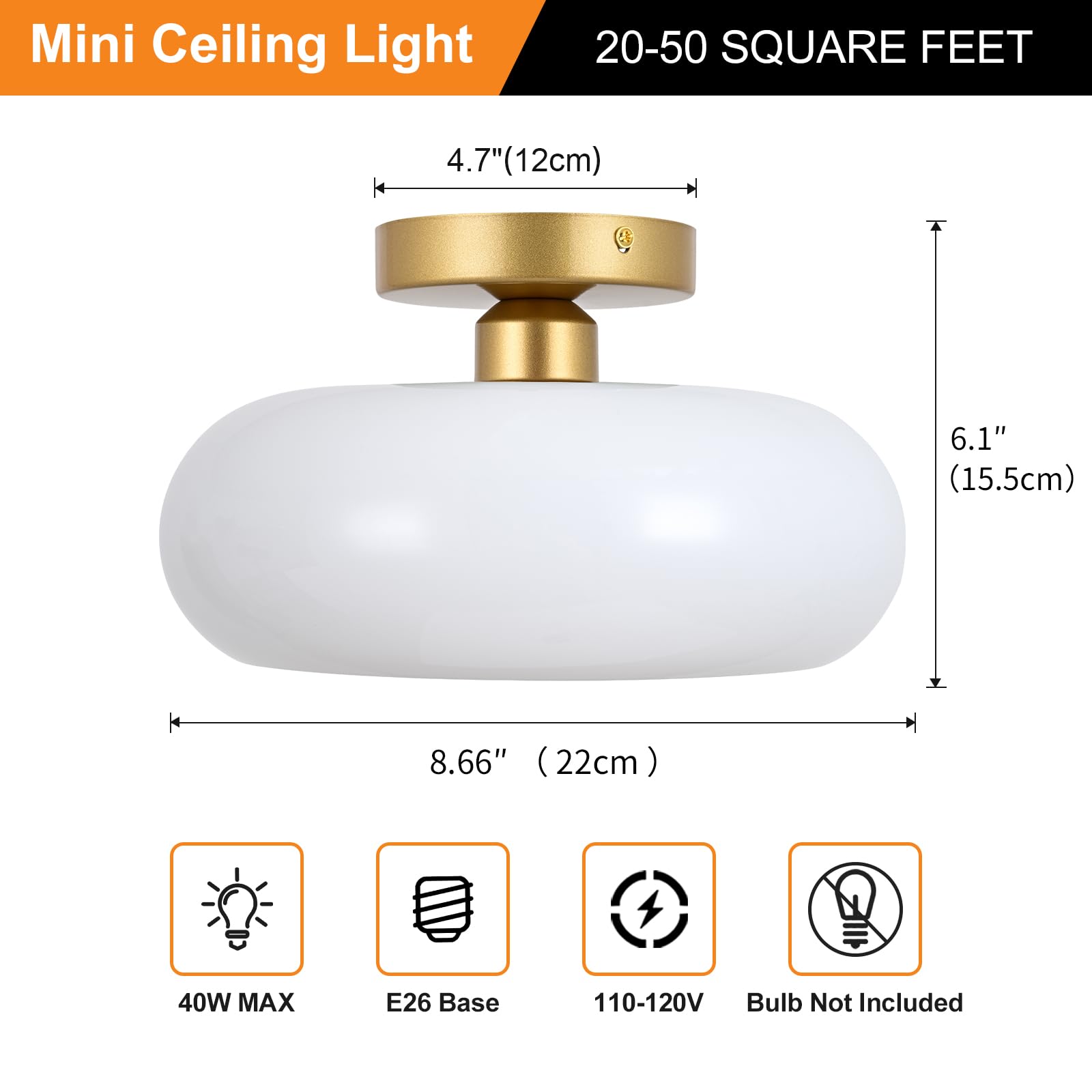 Woknos Mid-Century Modern Gold Semi Flush Mount Ceiling Light, Kitchen Ceiling Light Fixture With Glass Shade, Vintage White Close To Ceiling Lamp For Entryway Hallway Bathroom (8.66 Inch)