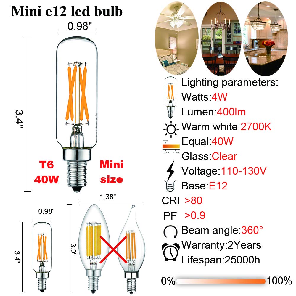 Litehistory Dimmable T6 Led Bulb 40W Candelabra Led 2700K Clear 400Lm 4W E12 Edison Bulb Warm White 6Pack