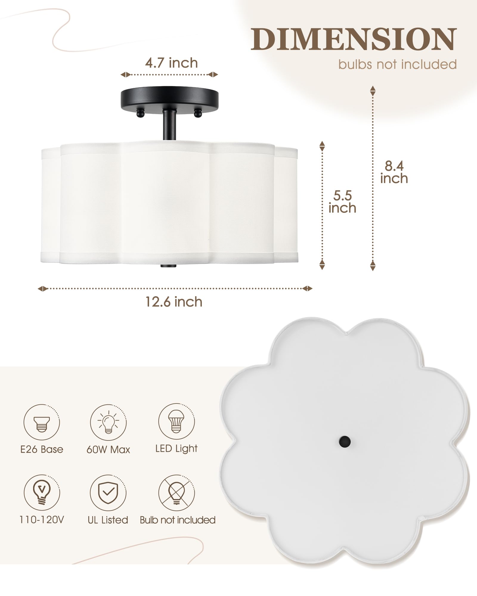 Audickic Semi Flush Mount Ceiling Light, 3-Light 13'' Ceiling Light Fixtures With Fabric Shade In Flower Shape, Matte Black Ceil