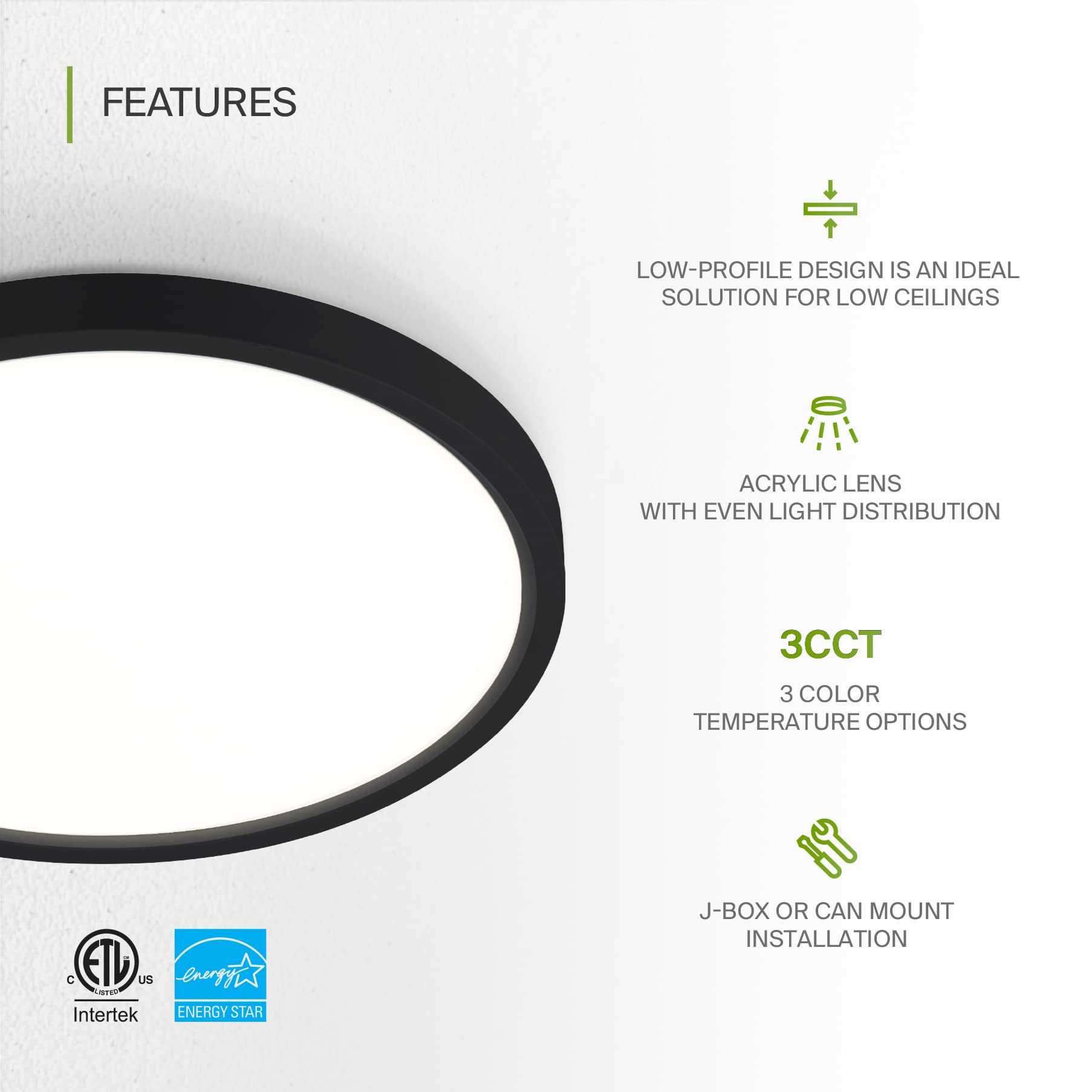 Asd Led 9 Inch Round Flush Mount Ceiling Light Fixture | 18W 1460Lm 3000-5000K 120V | 3Cct, Dimmable, Ultra Slim, Etl Listed | T