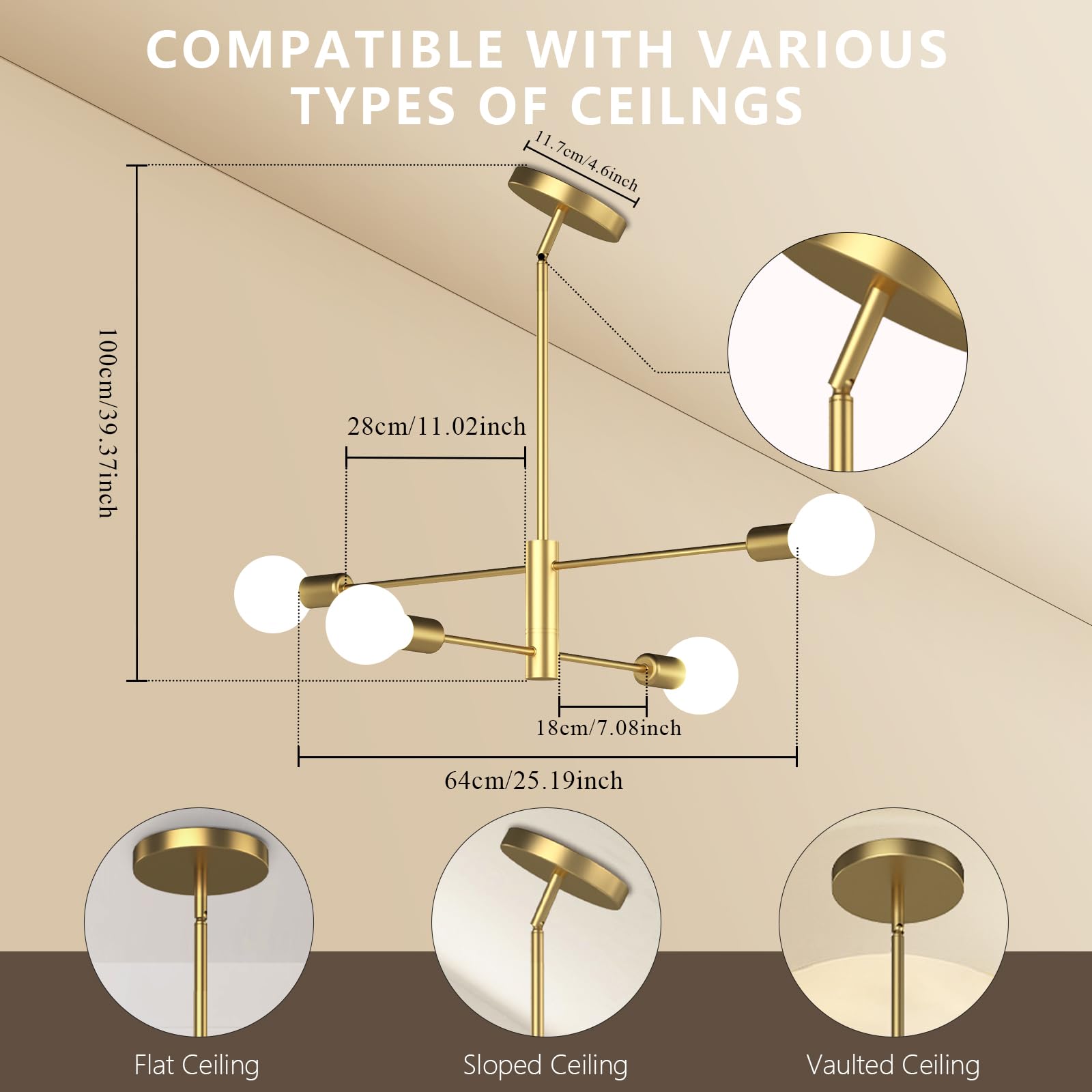 Chandelier, 4-Light Dining Room Ceiling Light Fixture, 3-Height Adjustable Chandeliers For Dining Room, Dimmable Dining Room Cha