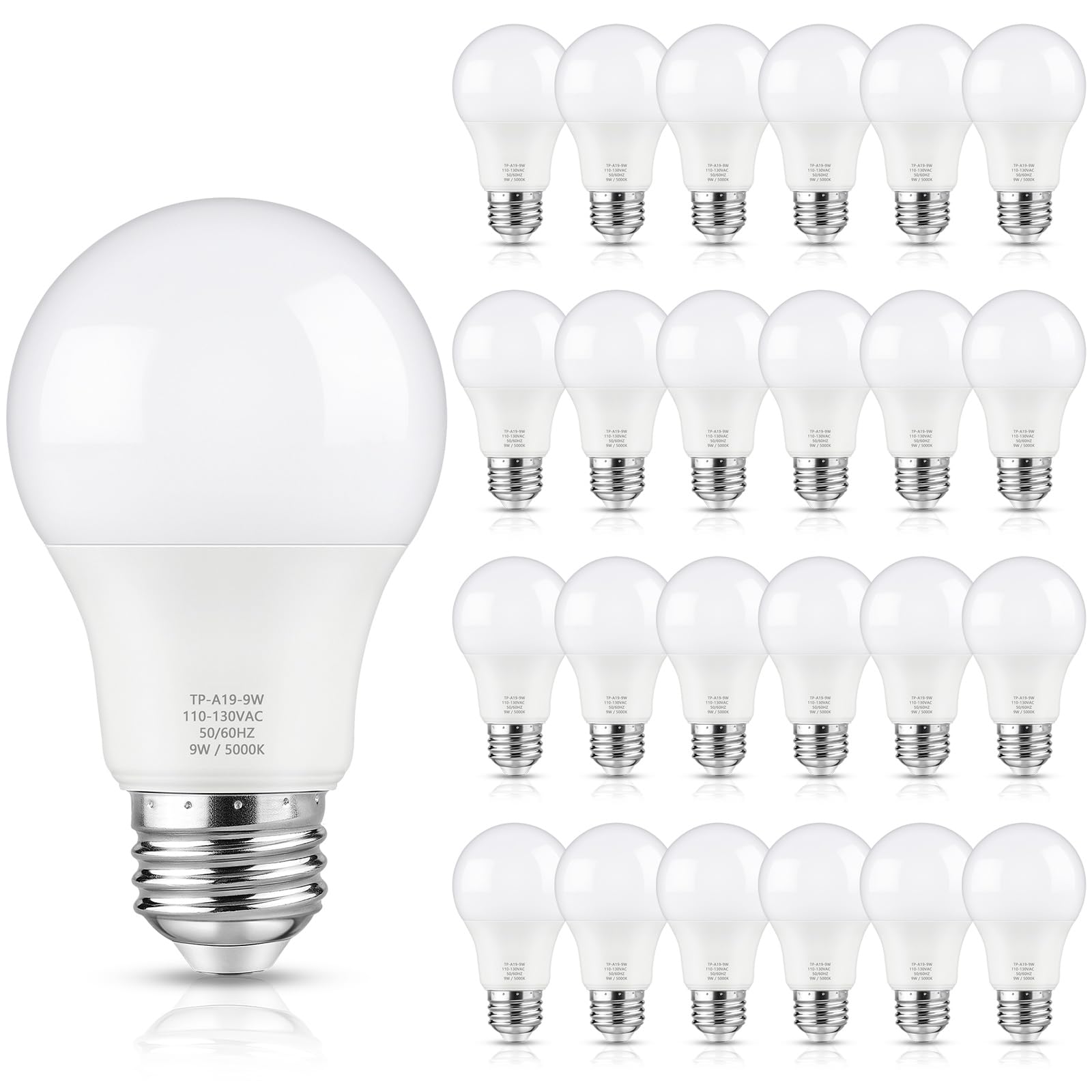 Maylaywood A19 Led Light Bulb, 60 Watt Equivalent, 5000K Daylight White, 900Lm, E26 Base, Dimmable, 9W Bright White, 24-Pack