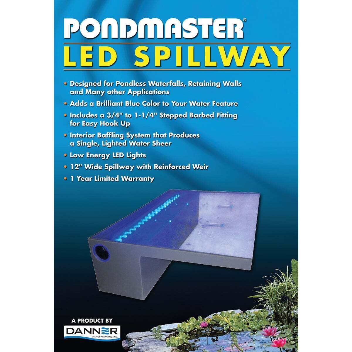Danner Pondmaster LED Lighted Spillway, Model 03755, Acrylic, Blue