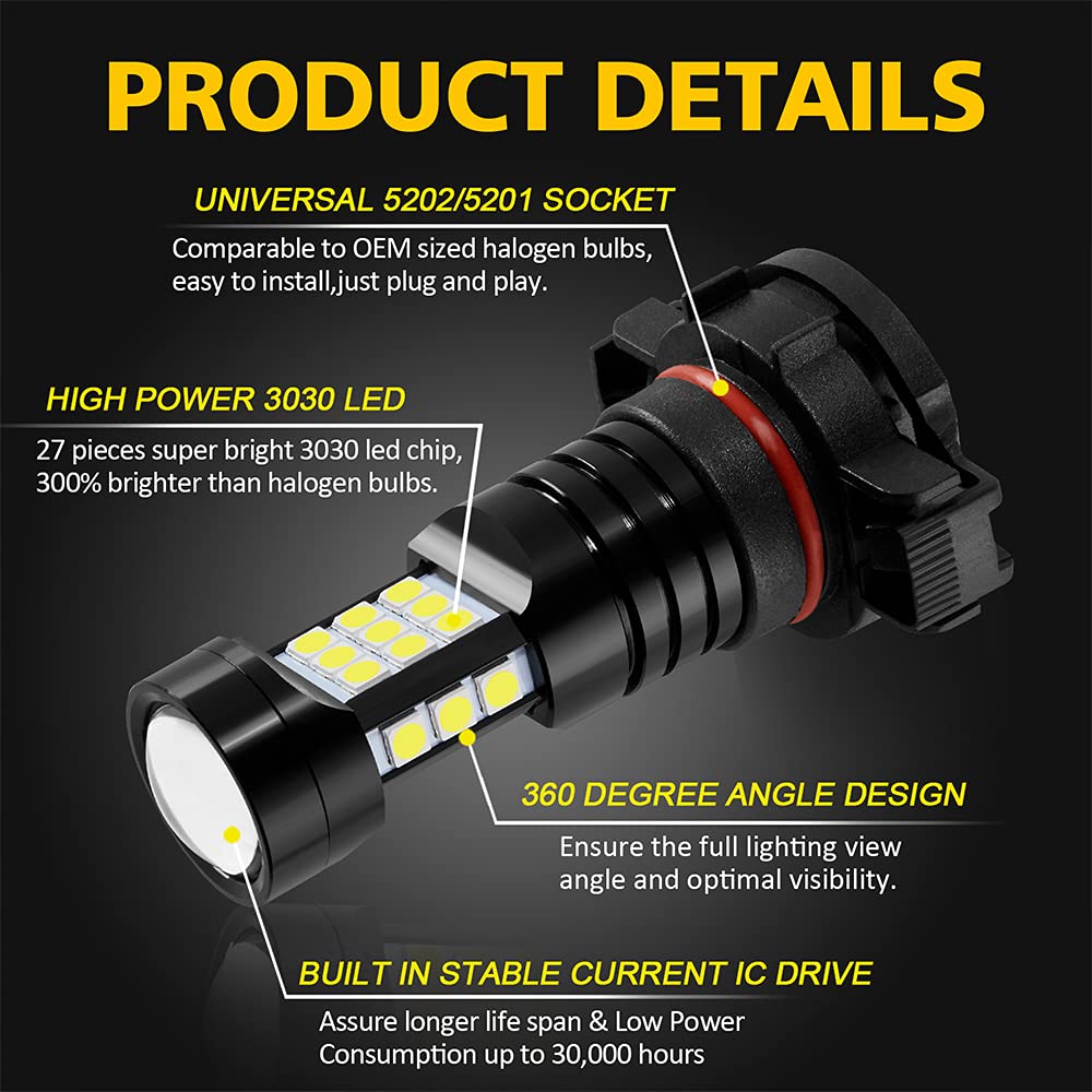 AUXLIGHT 5202 LED Fog Light Bulbs, 2400 Lumens, Xenon White, Aluminum, Replacement for Cars and Trucks