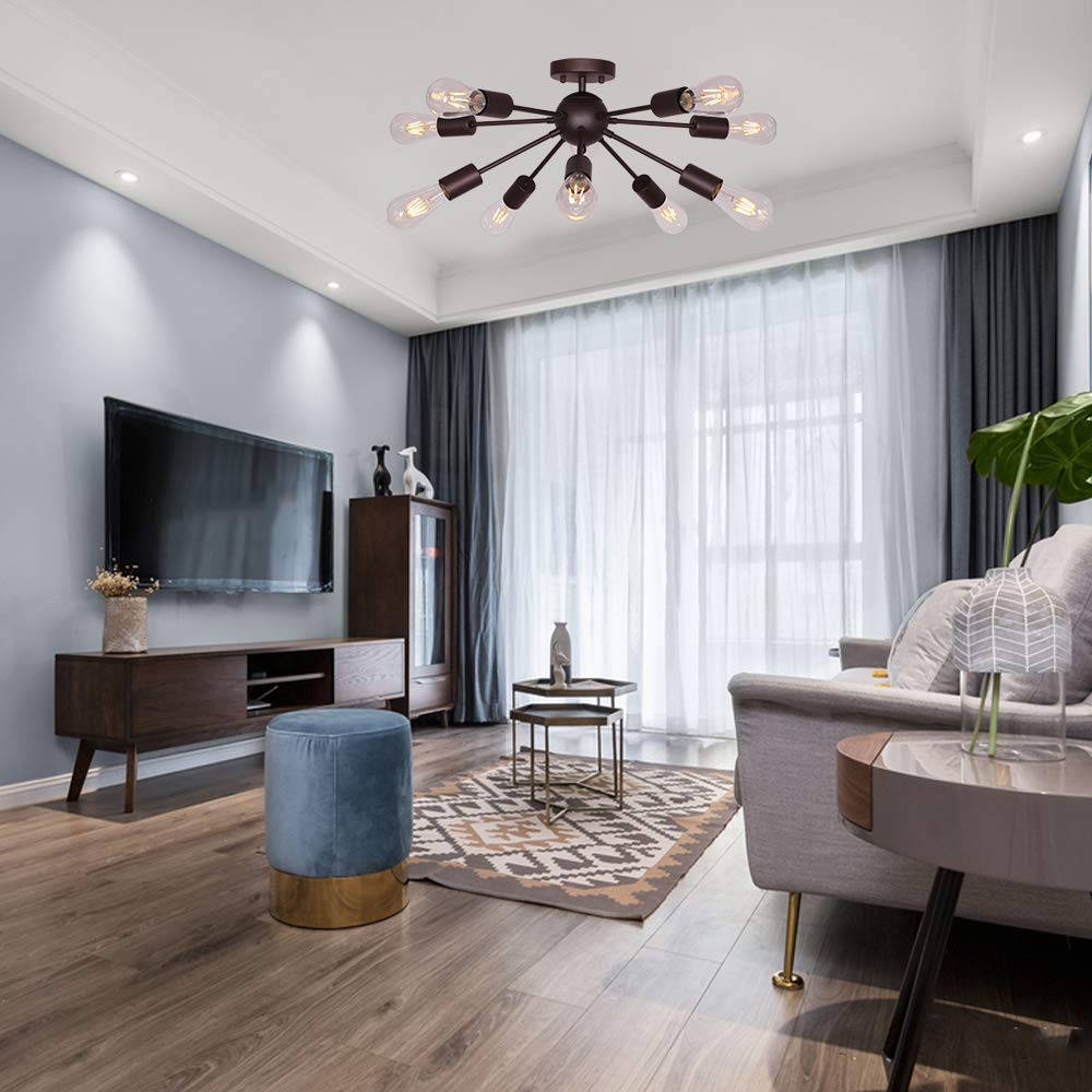 BONLICHT 10-Light Semi Flush Mount Chandelier, Oil-Rubbed Bronze, Metal, Model 3006-10C-BR, Mid Century Modern Starburst Design