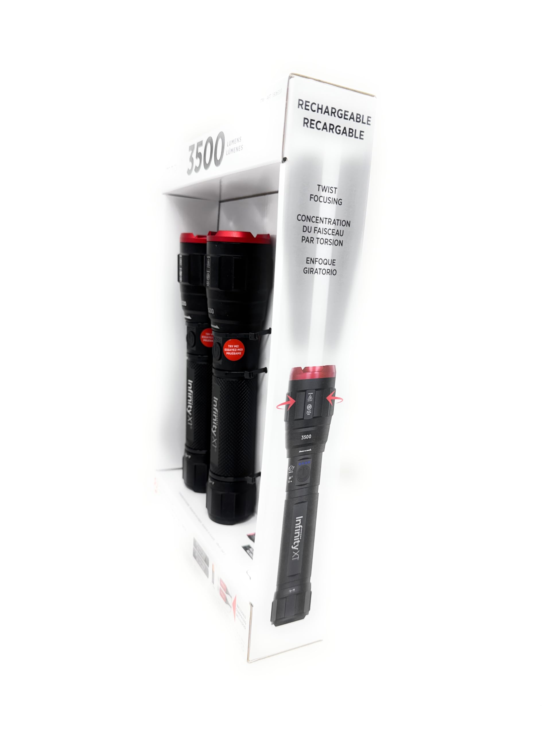 Infinity X1 3500 Lumen Dual Power Flashlight 2-Pack, LED, USB-C Rechargeable, Black, Model 1806333, Includes Batteries and Cables