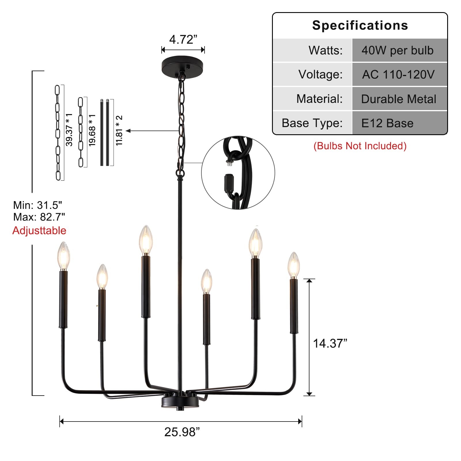 Zuyurt Black Chandelier, Modern Farmhouse Dining Room Light Fixture 6-Light Chandelier With Chain, Metal Hanging Lighting Fixtures Candle Dining Lights For Kitchen, Living Room, Bedroom, Foyer