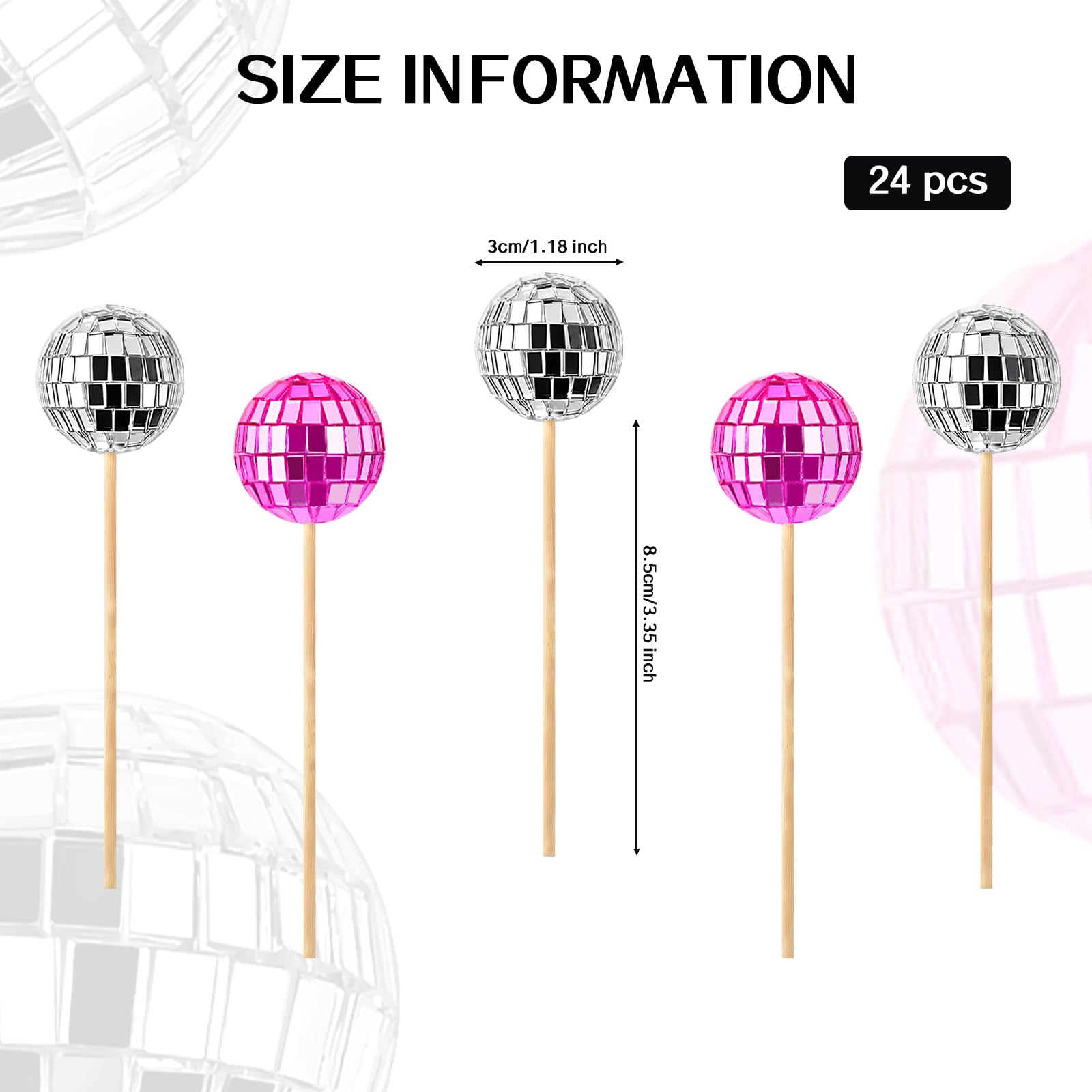 JOERSH 24pcs Disco Ball Cupcake Toppers, 1970s Disco Theme Cake Decorations, Pink and Silver, Crystal Glass, Foam, Bamboo