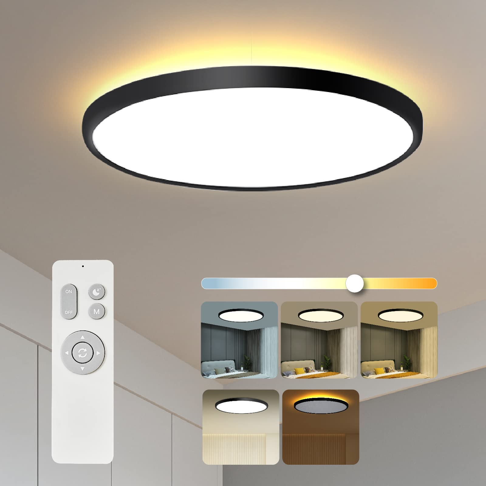 Roomratv Flush Mount Light Fixture with Remote Control, 2000K Night Light Feature, 18Inch 36W Led Ceiling Light with Full CCT Br