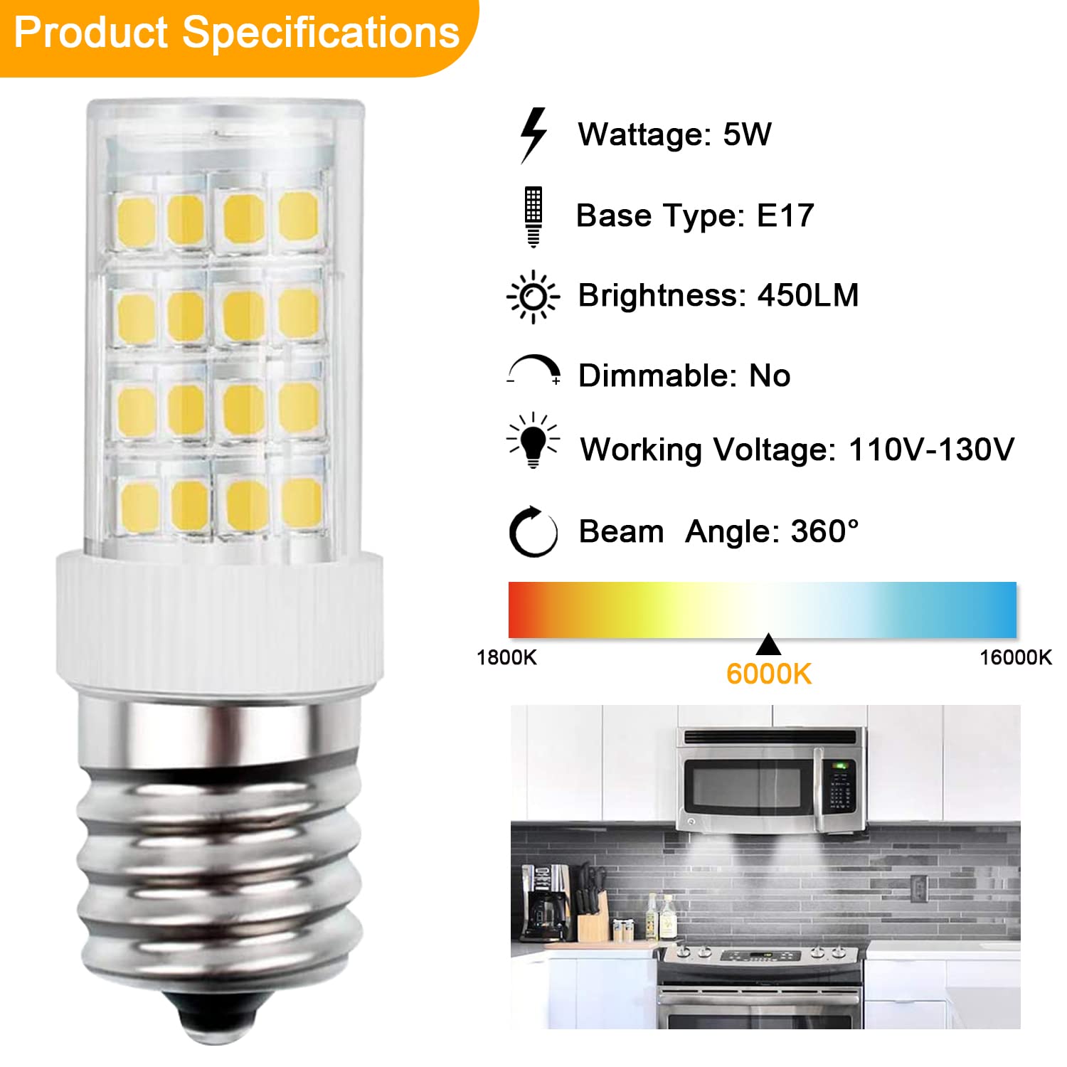 Dumiloo E17 Led Bulb 5W, Daylight White 6000K, Non-Dimmable, 2