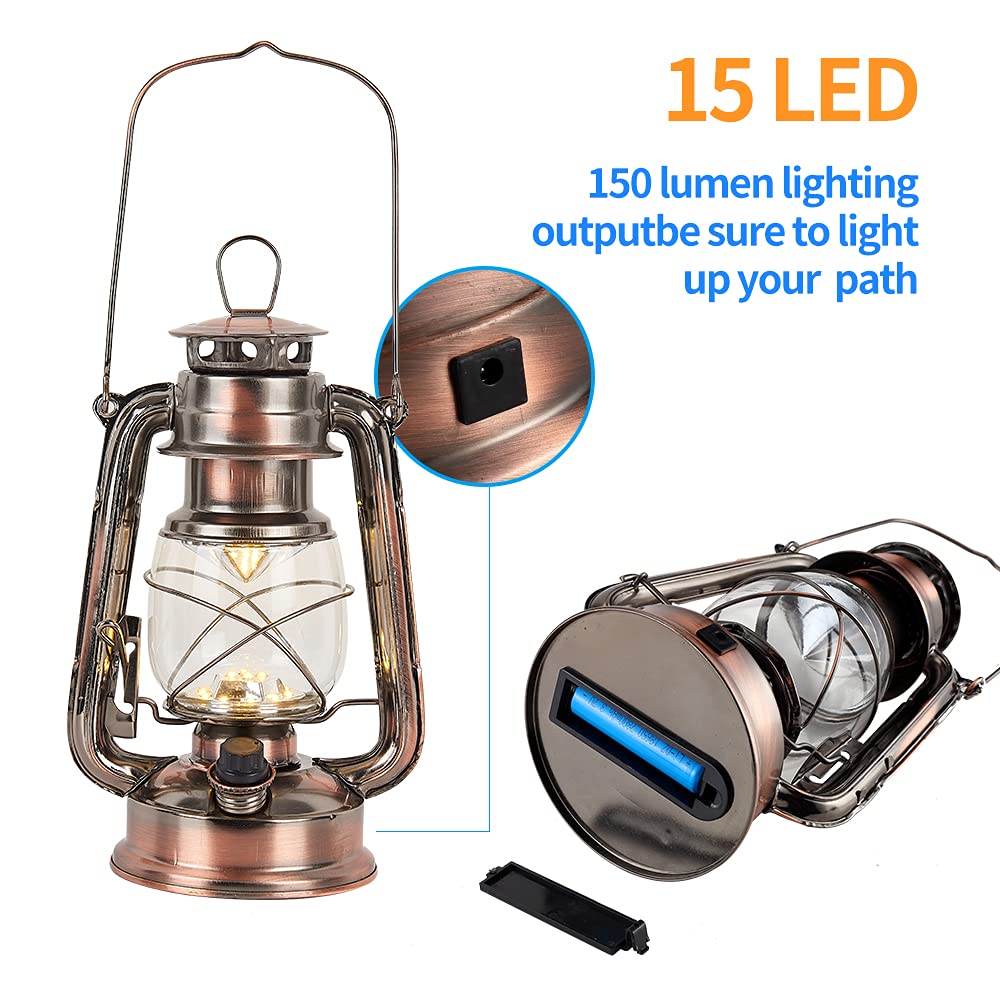 Rechargeable Vintage Hurricane Lantern, Warm White Battery Operated Lantern With Dimmable Switch, 15 Leds Metal Hanging Lantern