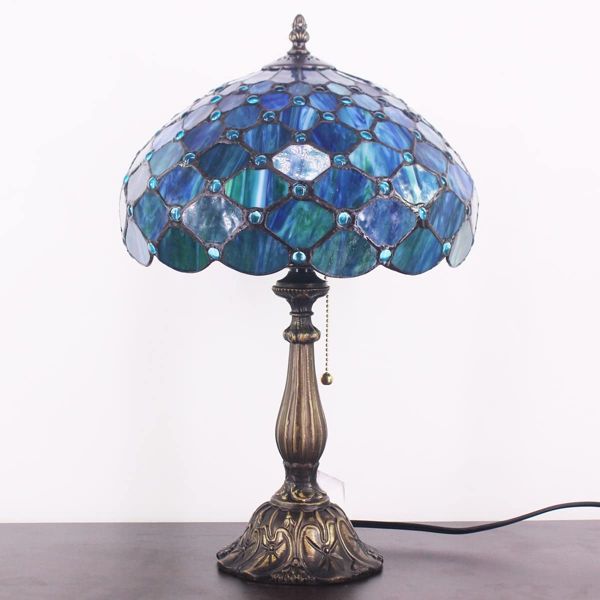 ZJART Tiffany Table Lamp - Antique Stained Glass Reading Light, 12x12x19 Inch, Sea Blue Pear
