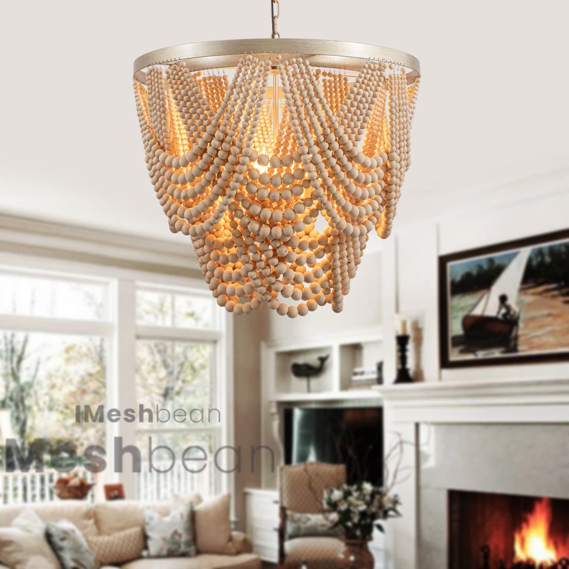 iMeshbean 25.5" Boho Wood Beaded Chandelier Light Fixture - Rustic Oak for Dining Room, Bedroom, Living Room (Model 09523-FW)