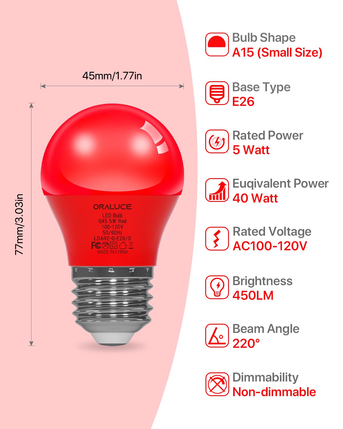 ORALUCE A15 LED Red Porch Light Bulbs, 5W 450LM Non-Dimmable, E26 Base, 6 Pack, Ideal for Halloween and Christmas Decoration