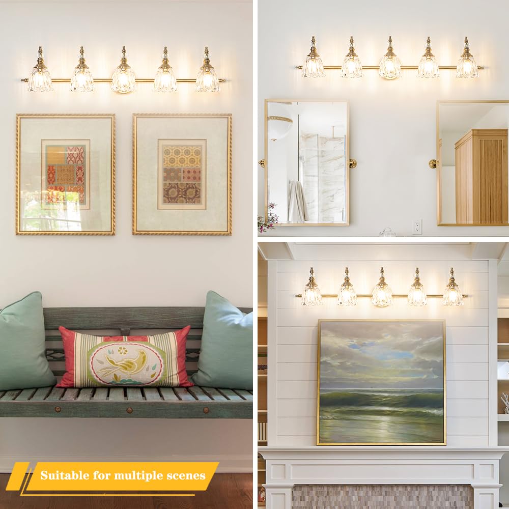 Ditoon 5 Lights Brass Gold Bathroom Light Fixtures, Antique Vanity Light With Flower Glass Shade, Bathroom Vanity Light Over Mir