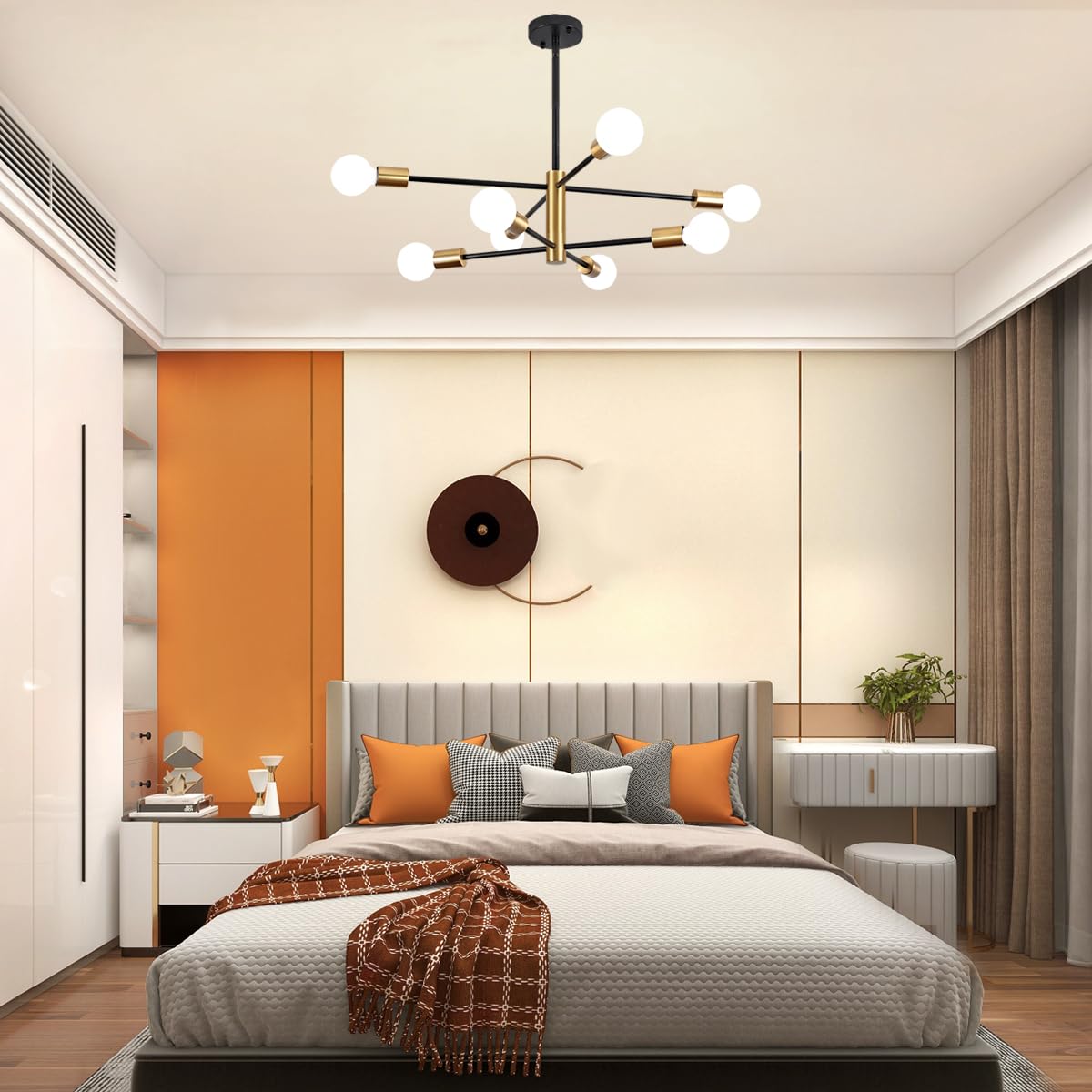 ZSMIHDOH 8-Light Chandelier, Modern Sputnik Design, Metal, Black & Gold, Model Huazhi-68T