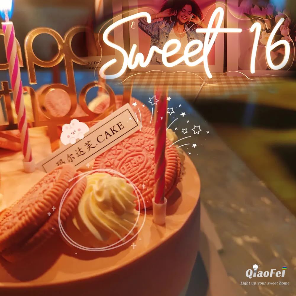 QiaoFei LED Neon Sign for Sweet 16 Birthday, USB Powered with Dimmer, Warm White, Model QFLGT230317013, Room Decor for Girls