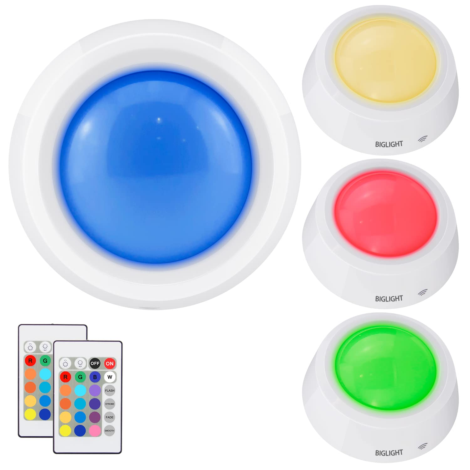BIGLIGHT Battery Operated LED Puck Lights, Remote Controlled, RGB, 4 Pack, Plastic, M Size, 16 Colors