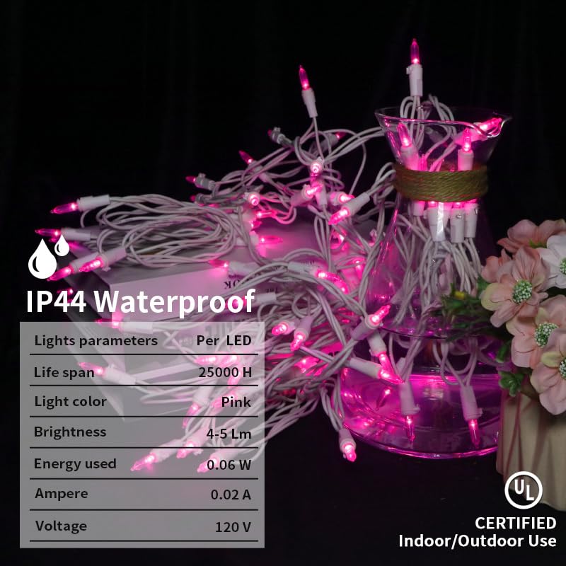 Pink Led Christmas Lights - 100 Count Pink Christmas String Lights For Tree  Party  Bedroom  Wedding  Indoor And Outdoor Valentines Day Decorations  33 Feet White Wire  Ul Certified  Connectable
