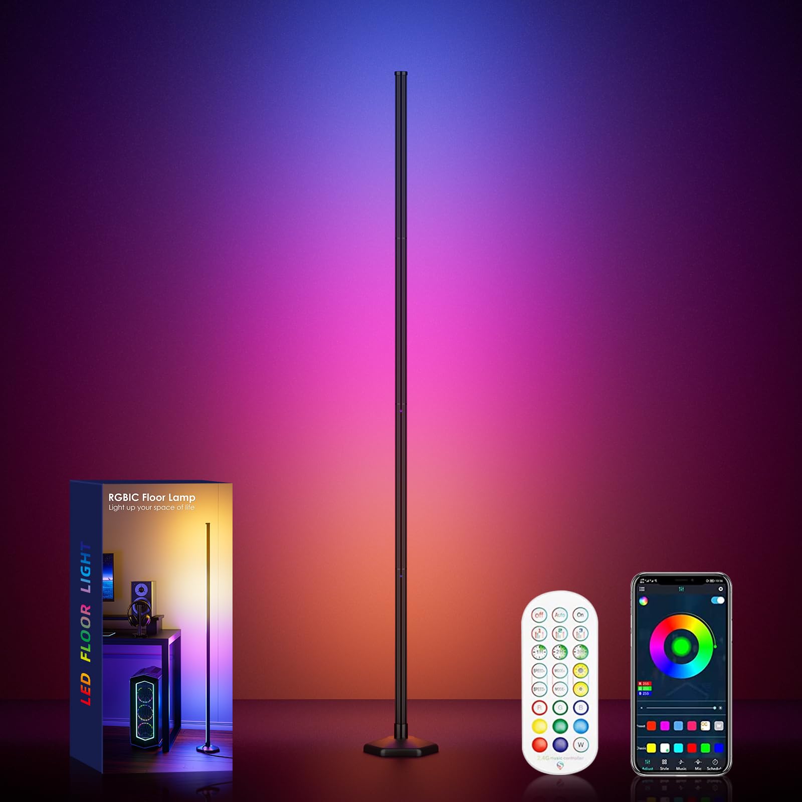 Corner Floor Lamp, 65'' RGB Color Changing Mood Light with Remote Control, Dimmable LED Corner Lamp with Music Sync, Modern Floo