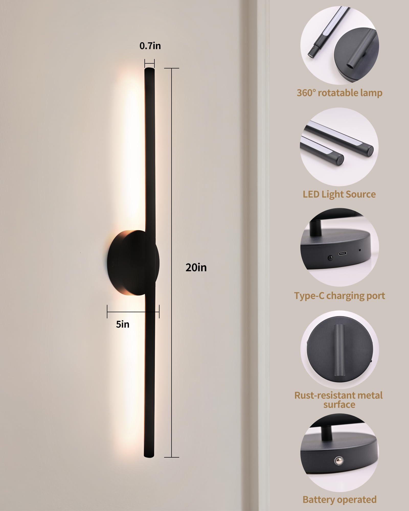 HCJIAJING Wireless Wall Sconces Set of 2 Linear,20Inch Battery Operated Wall Lights with Remote Control,360Rotate Dimmable Wall