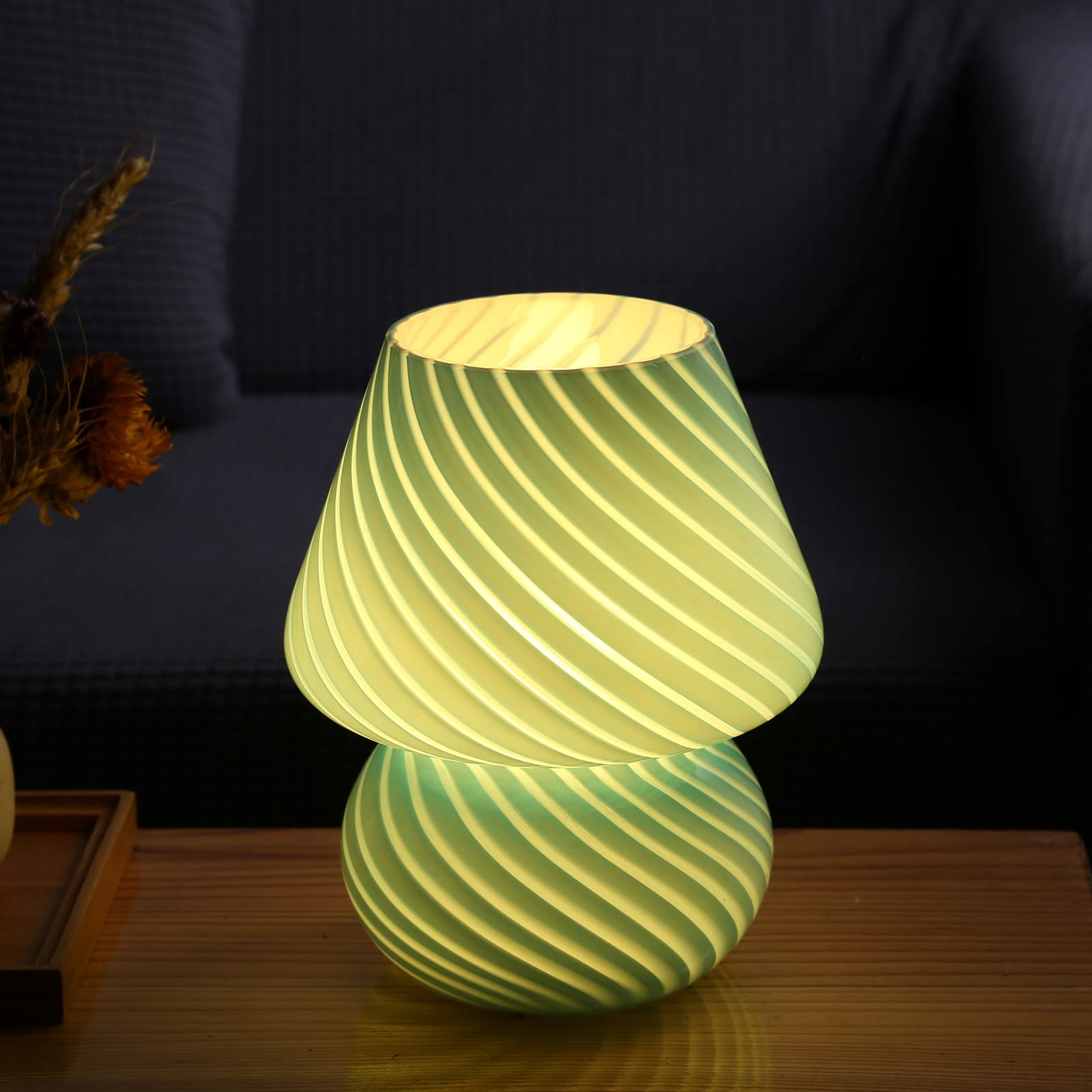 Mushroom Lamp,Glass Arctic Blue Mushroom Bedside Table Lamps Vintage Translucent Murano Style Striped Small Nightstand Desklamp