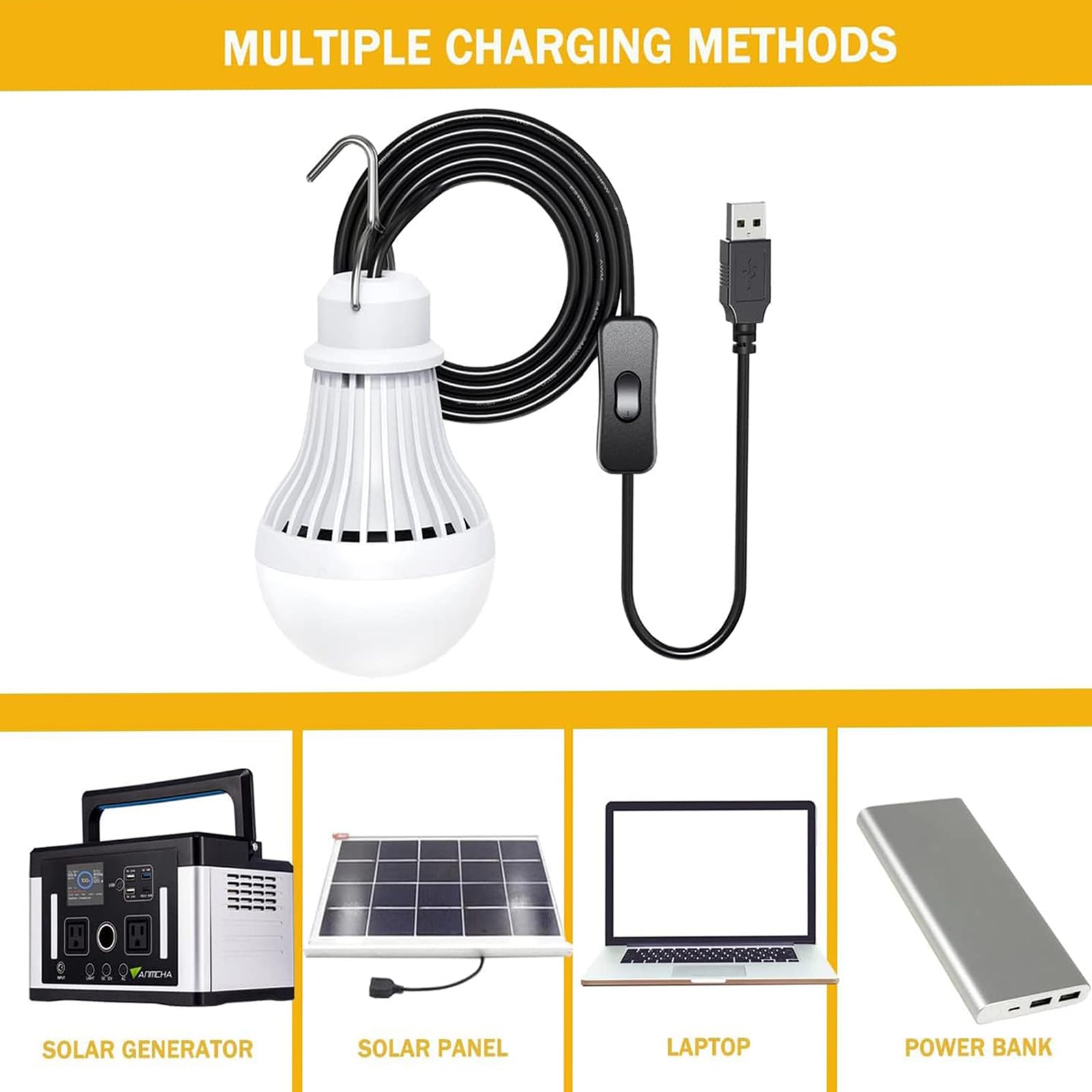 VASTPOWER 4 Pack USB LED Camping Light Bulb, 5W Warm White Tent Light with 8.2 ft Cord, Portable for Garage, Truck, Emergency Use