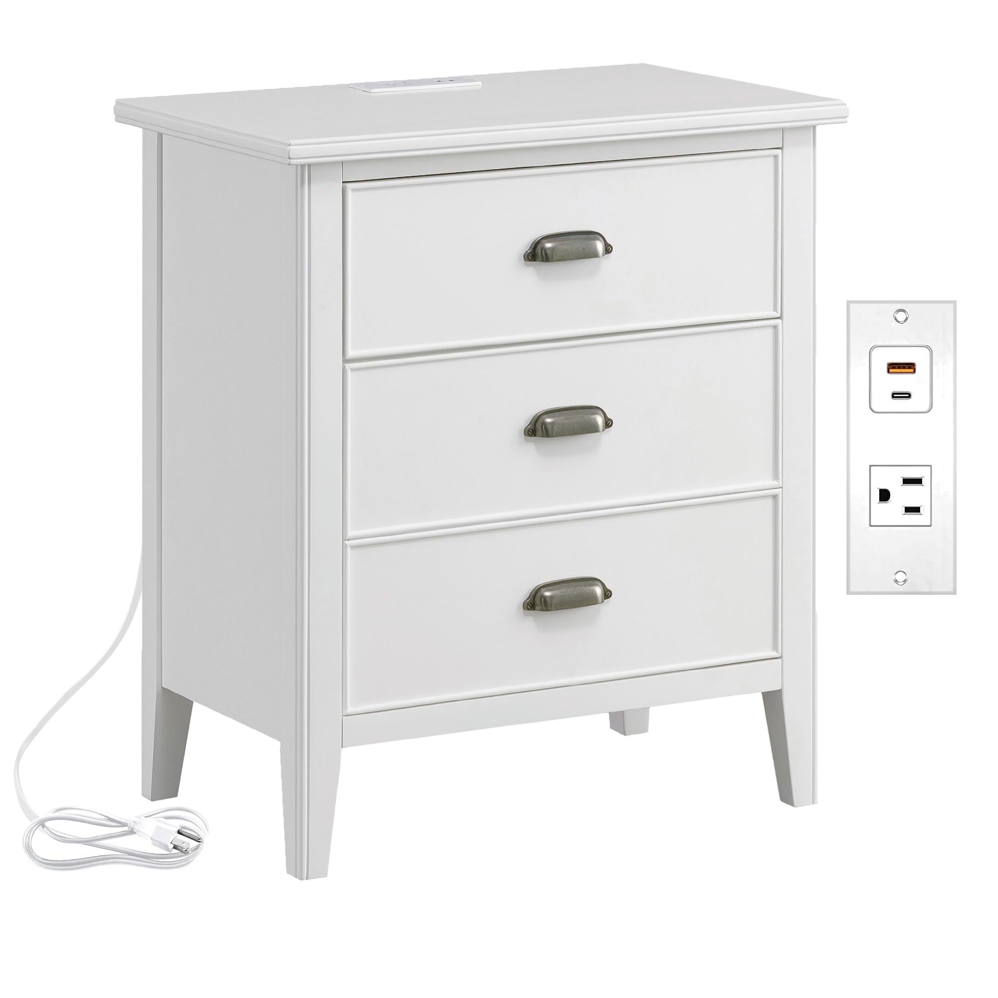 Laurent Solid Wood Nightstand With Drawer And Fast-Charging Usb-C Station, White, Perfect For Bedrooms, Living Rooms, And Small 