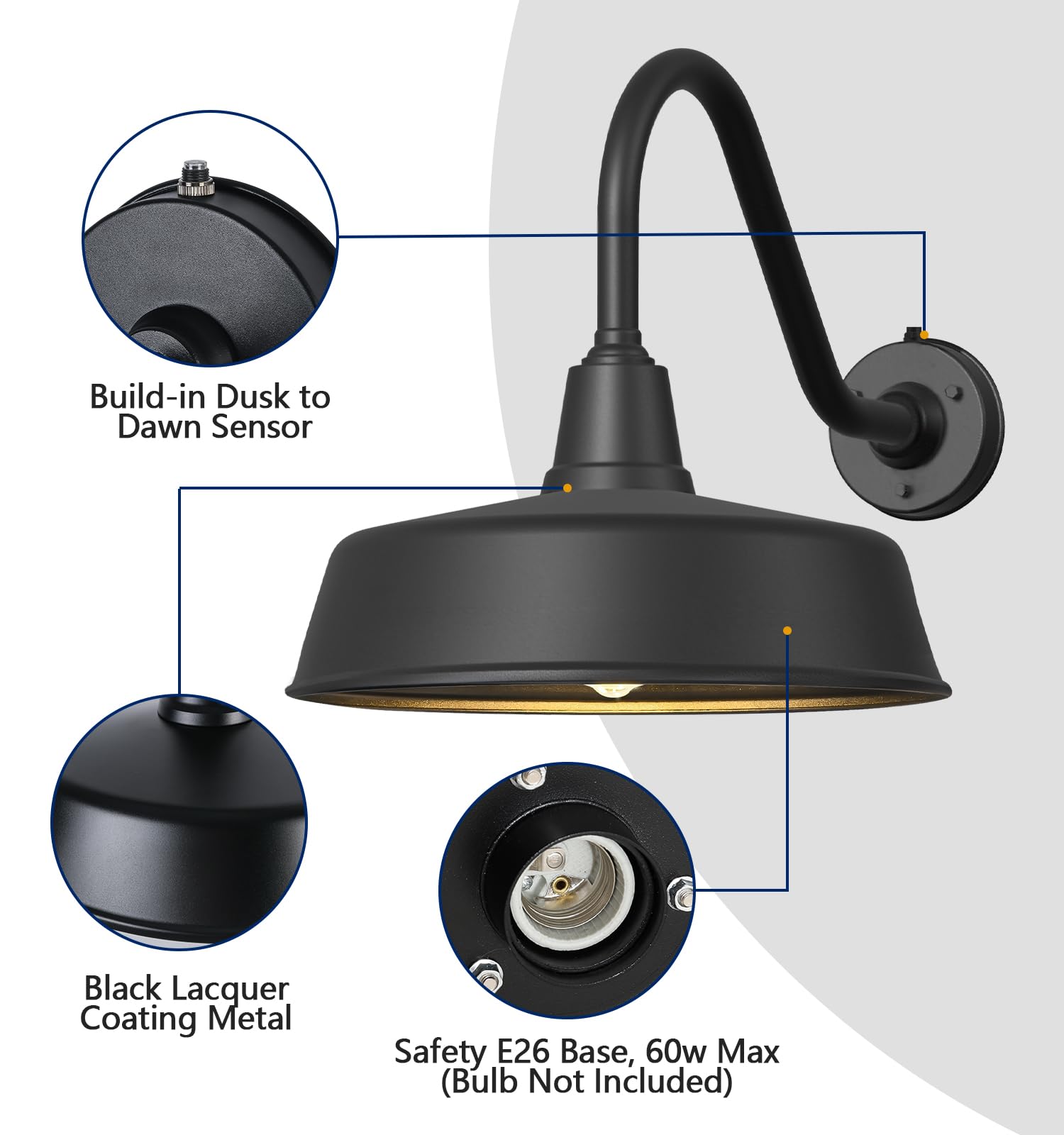 Ytzlvw 18&quot; Black Gooseneck Barn Lights - Dusk To Dawn Outdoor Porch & Garage Sconces