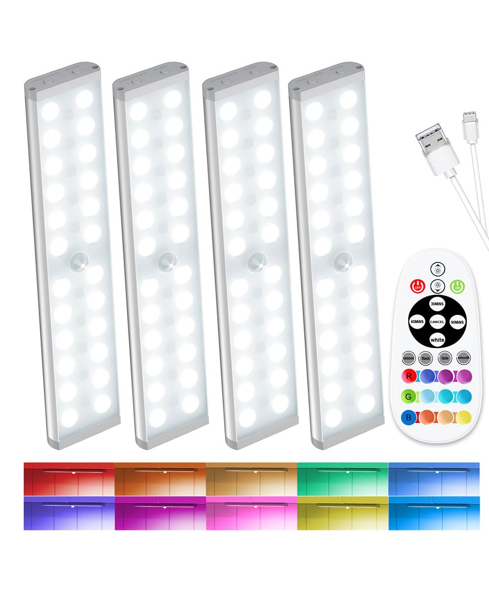 58-LED Under Cabinet Lighting Wireless, RGB Motion Sensor Night Lights with Remote, 1100mAh Magnetic Under Cabinet Lights Counte