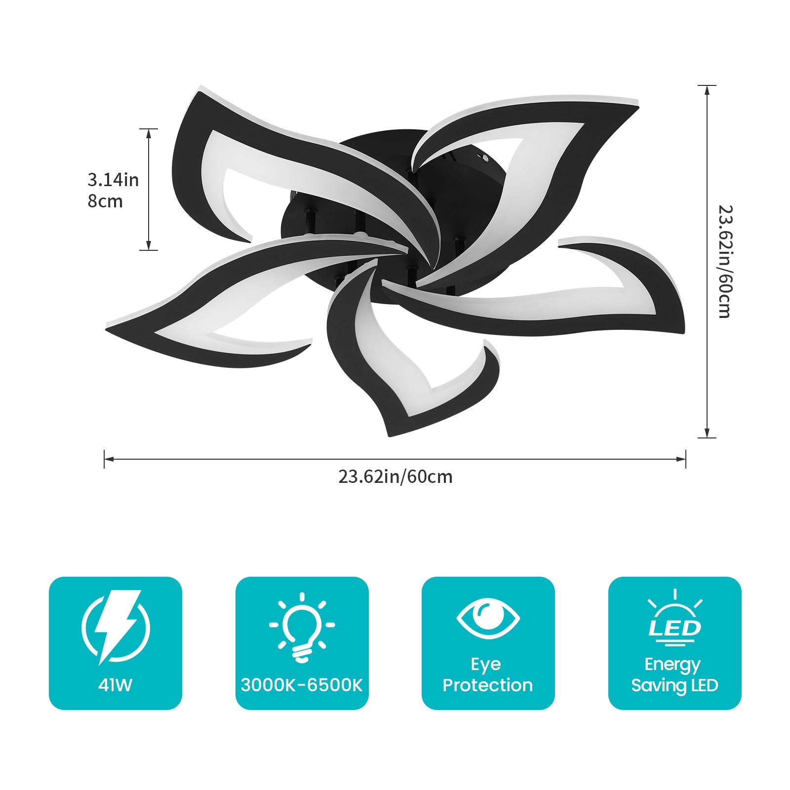 Goeco Modern Flower Flush Mount Ceiling Light, 5-Petals, Dimmable LED, 3000K-6500K, Black, Model 30839726