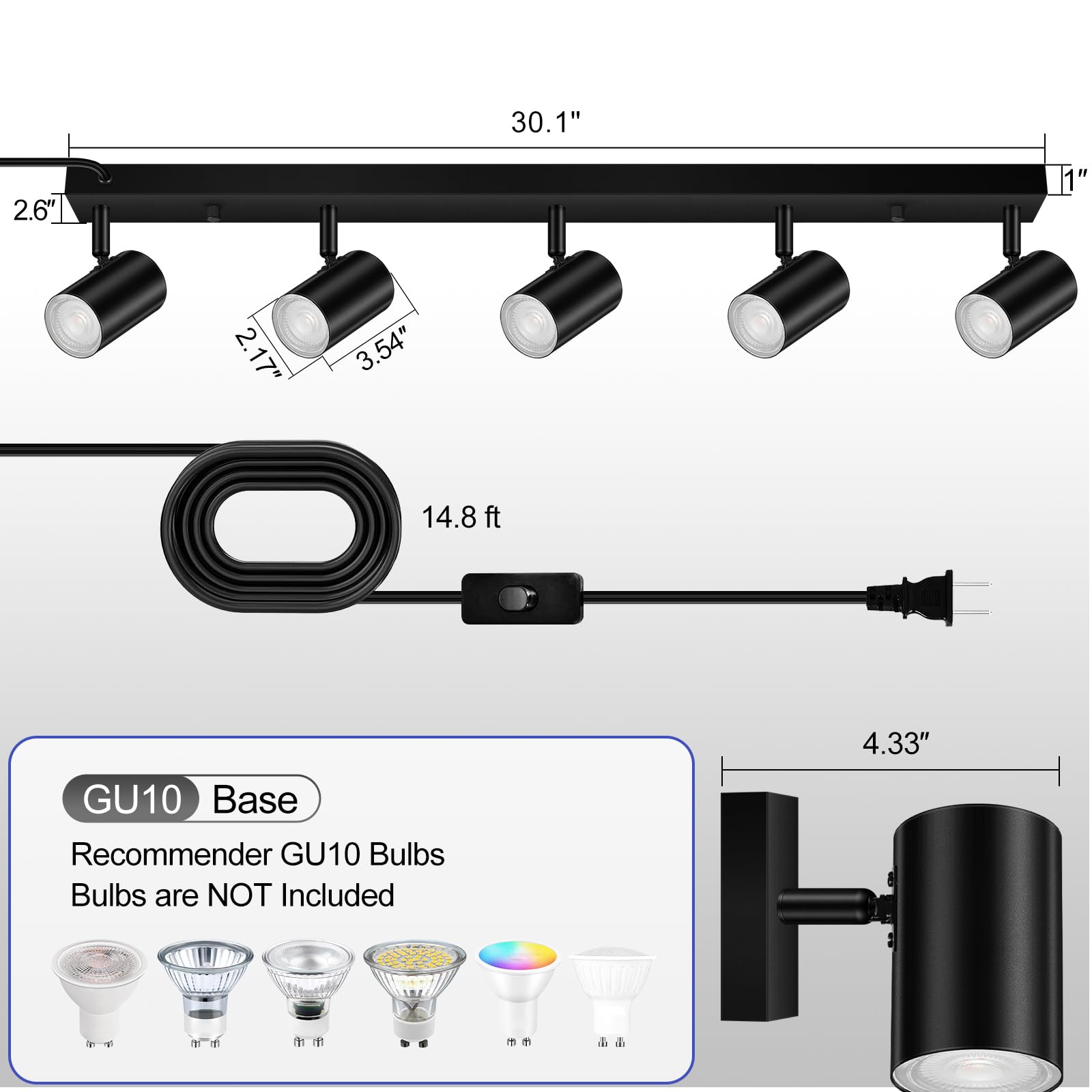 Boostarea Plug In Track Lighting, Led Track Light Kit, Black 5-Light Track Lights For Kitchen, 15 Ft Cord,5 Way Ceiling Spotligh