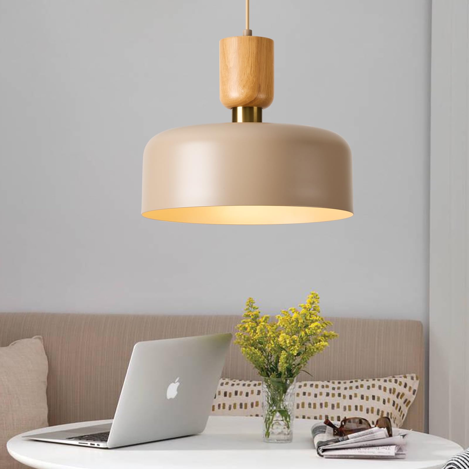 Tehenoo Contemporary Pendant Lights With Wood Cap, Brass Accent, 12 Inch Light Brown Metal Shade,For Kitchen, Dining Room, Cafe