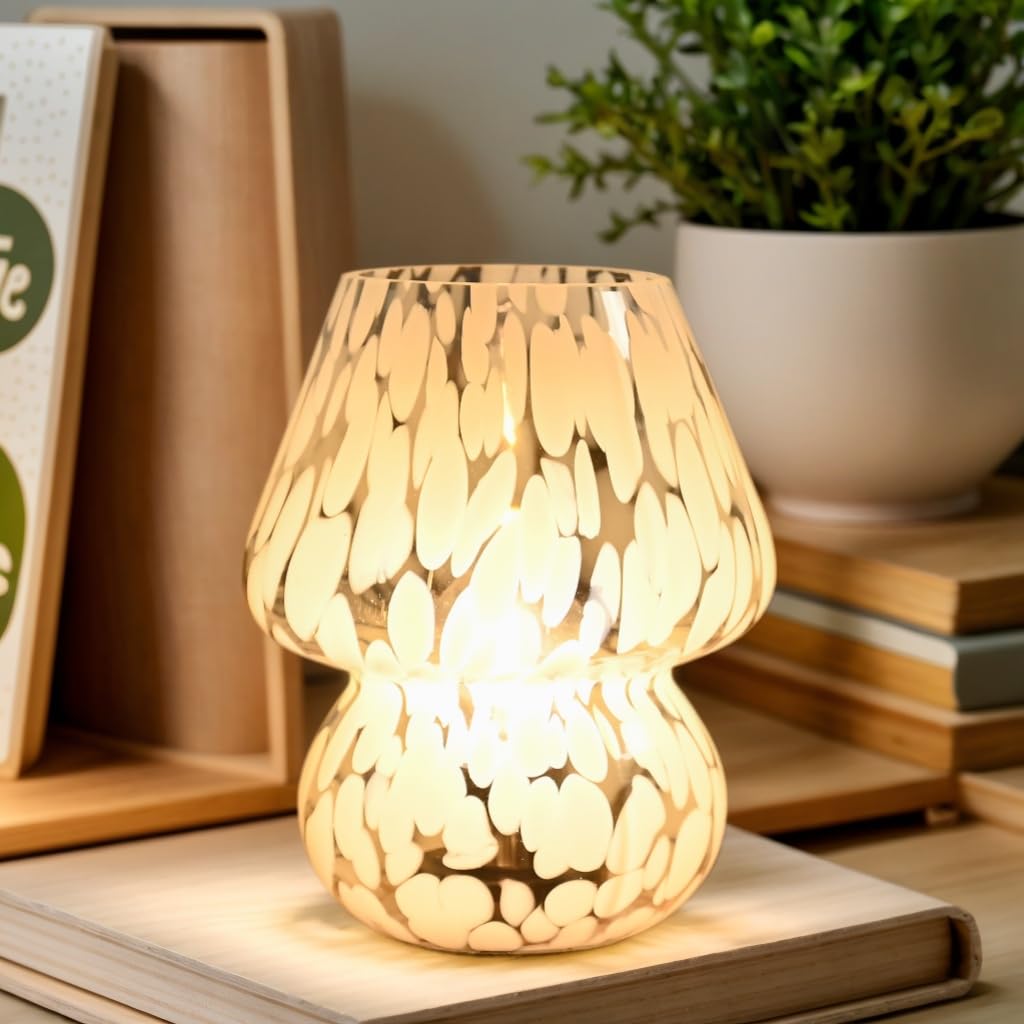 AOMOONOA Glass Mushroom Lamp, Small Mushroom Desk Lamps with LED Bulb for Kitchen Counter, Cozy Lamp for Bedroom Nightstand, Bat
