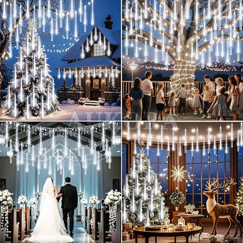 Aukora Led Meteor Shower Lights, 8 Tubes 192 Leds, 26.9Ft White Icicle Lights For Christmas, Weddings, Outdoor Decoration - Model Au-Fa-001