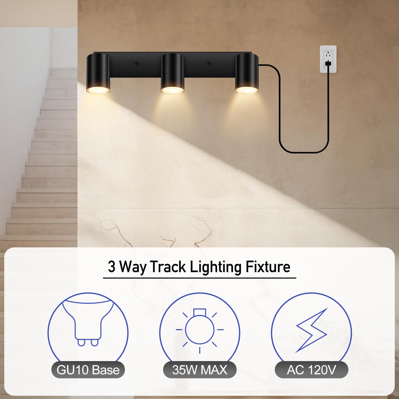 Boostarea Led Track Lighting Ceiling Fixtures, Black 3-Light Plug In Track Lights For Kitchen, 3 Way Ceiling Spotlight, 15 Ft Co